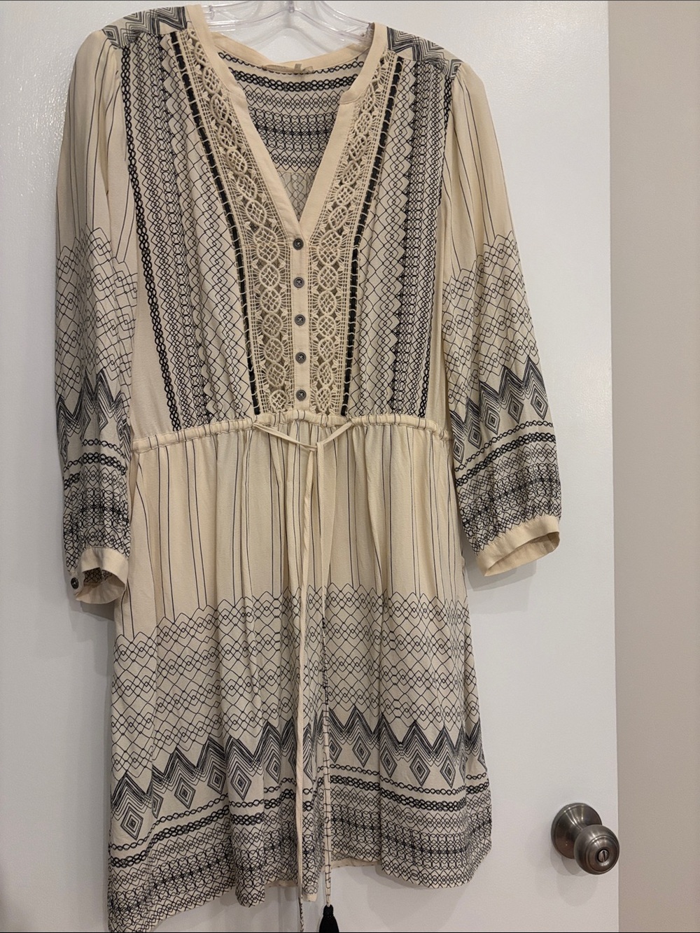 Anthropologie Cream Midi Dress with Black Geometric Print